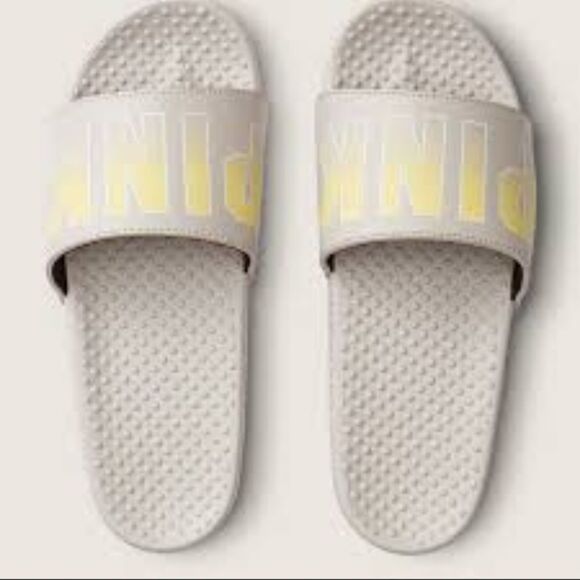 NWT PINK VS PINK Pale Gray&Yellow Slides - Picture 1 of 8